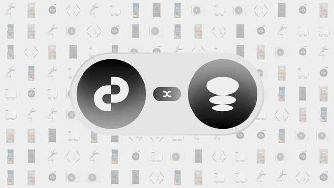 A graphic showing two circular icons connected by an 'x' - one displaying the OP3N logo and the other showing a stack icon - set against a light gray patterned background of small icons.