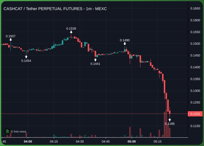 A dark-themed trading chart titled 'CASHCAT / Tether PERPETUAL FUTURES - 1m - MEXC' showing a sharp price decline from around 0.1507 to 0.1186 over a short timeframe with red and green candlesticks.