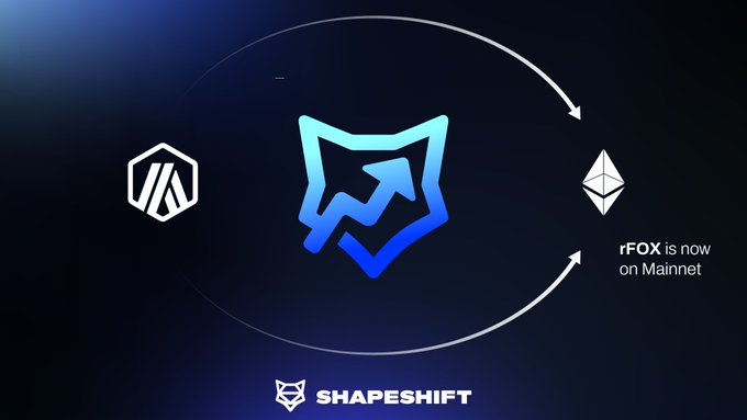 A ShapeShift promotional graphic showing arrows moving between a logo on the left, a central fox logo, and the Ethereum logo on the right with text reading 'rFOX is now on Mainnet'.