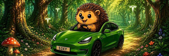 A cartoon hedgehog drives a green Tesla through a vibrant forest, with glowing "T" symbols and a license plate reading "S3XY," visually reinforcing the $S3XY token's playful branding and its connection to Tesla holdings.