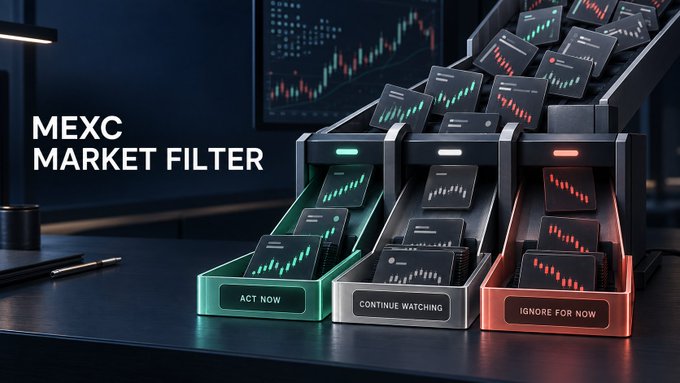 A promotional graphic for 'MEXC MARKET FILTER' displays three sorting bins labeled 'ACT NOW', 'CONTINUE WATCHING', and 'IGNORE FOR NOW', filled with cards showing financial candlestick charts.