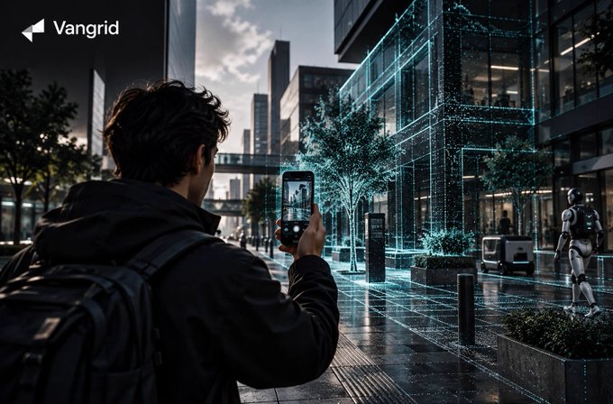 A person photographs a futuristic cityscape where a robot, mapped in a glowing cyan point-cloud, stands on a rain-slicked street—visually capturing the moment a machine hires a human for real-world data capture, branded with the "Vangrid" logo.