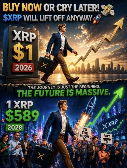 A promotional graphic claiming '$XRP WILL LIFT OFF ANYWAY' with predictions of XRP reaching $1 by 2026 and $589 by 2028, featuring businessmen, a rocket, and crowd imagery.