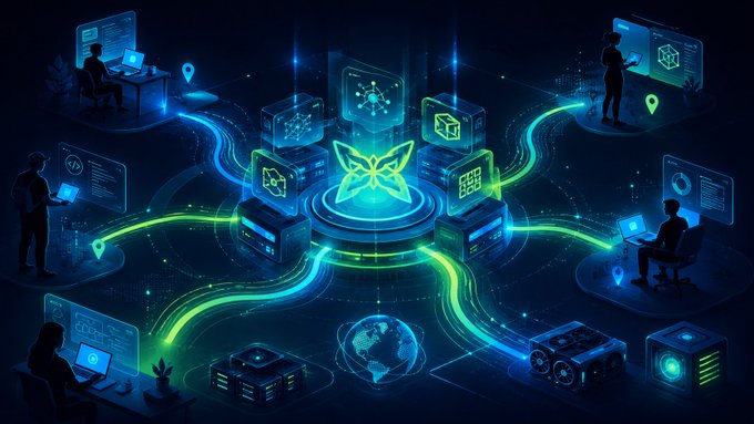 A blue-toned digital illustration depicting a network of connected servers, people, and devices with glowing green pathways linking them to a central winged icon.