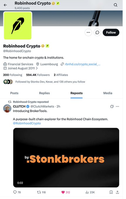 A screenshot of the Robinhood Crypto (@RobinhoodCrypto) Twitter/X profile showing a repost about CLUTCH (@ClutchMarkets) introducing 'BrokerTools, A purpose-built chain explorer for the Robinhood Chain Ecosystem' by Stonkbrokers.