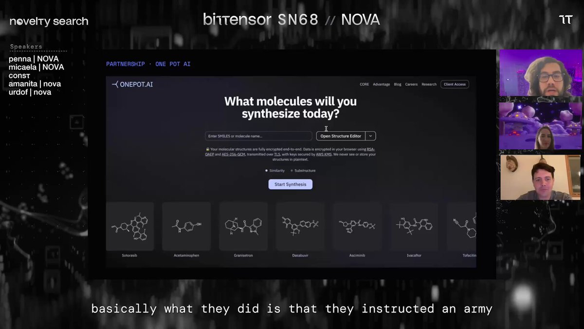 The image shows a computer screen displaying a website called "What molecules will you synthesize today?". The website has a purple background with white text, and there are two people visible in the image - one person sitting at a desk and another person standing behind them. They appear to be engaged in a video call or a live chat session on the website.