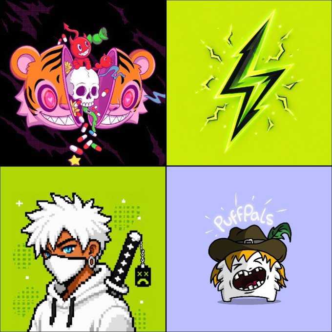 A four-panel grid of digital art/character designs: top-left shows a tiger-skull hybrid mascot, top-right a neon lightning bolt, bottom-left an anime character with white hair and a katana, and bottom-right a 'PuffPals' character in a hat.