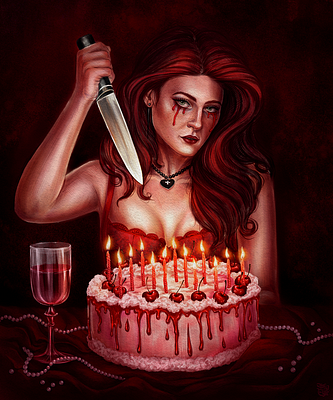 A dark, stylized digital illustration of a red-haired woman holding a large knife above a birthday cake with lit candles, with blood dripping from her eye and onto the cake.