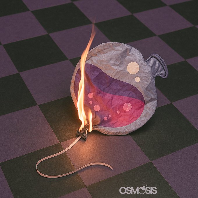 An artistic image of a melting drawstring bag containing glowing pink orbs, set on a checkered purple and black floor with a flame, branded 'OSMOSIS'.