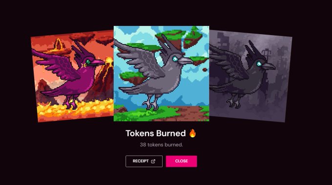 A digital interface showing three pixel-art crow/raven cards in different settings (lava, sky, and city) with text indicating 'Tokens Burned' and '38 tokens burned.', along with RECEIPT and CLOSE buttons.