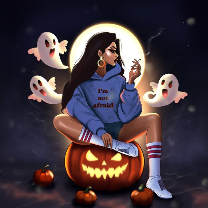 An illustrated Halloween-themed artwork of a woman sitting on a glowing jack-o'-lantern wearing a hoodie that says 'I'm not afraid,' smoking a cigarette with ghosts floating around her.