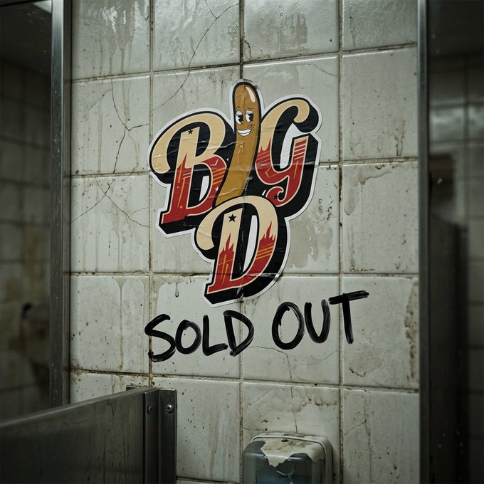 A sticker of "BIG D" with a smiling character is displayed on a tiled wall, with the words "SOLD OUT" spray-painted beneath it, celebrating the successful sellout of the BigD collection.