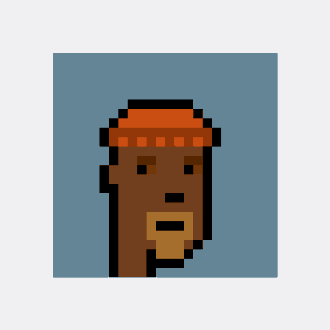 A pixel art portrait of a dark-skinned character wearing an orange beanie, shown against a blue background.