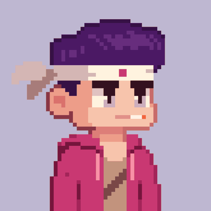 A pixel art portrait of a character with dark purple hair, wearing a grey and white headband, and a pink open jacket against a light purple background.