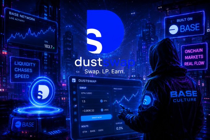 The image features a person wearing a black hoodie holding a cell phone with blue lights illuminating their face as they look at the screen. The background of the image shows a cityscape filled with buildings, neon signs, and other elements typical of an urban environment. The text in the image reads "DUSTWOP", which is likely related to cryptocurrency or blockchain technology.