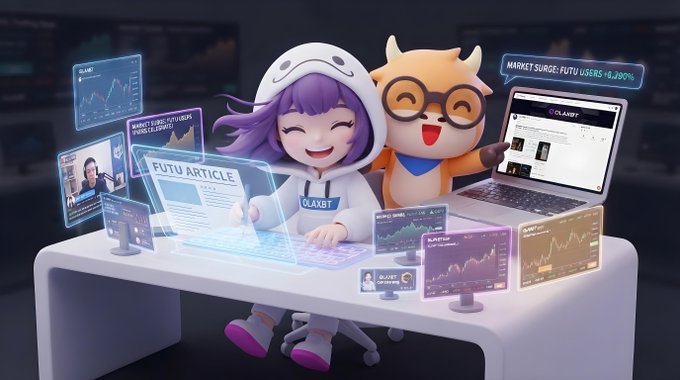 Two cheerful 3D mascot characters—one with purple hair wearing a hood marked "OLAXBT" and an orange cat-like figure with glasses—sit at a desk surrounded by multiple holographic screens displaying "FUTU ARTICLE," market charts with "FUTU USERS +0,300%," and trading interface windows. The vibrant scene visually represents the OLAXBT community's market analysis and Futu NiuNiu platform mentioned in the post.