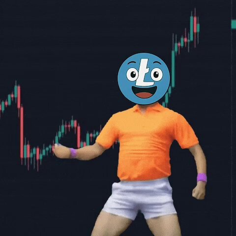 The image features a man with a blue circle over his face wearing an orange shirt, white shorts, and a blue bandana that looks like the head of a person with a smiling expression. Behind him is a chart showing stock market trends, possibly representing the price fluctuations of Litecoin or some other cryptocurrency. The caption "LITGM Farm! Let'S gooooooo @LitecoinVM @circle_crypto @litecoin".