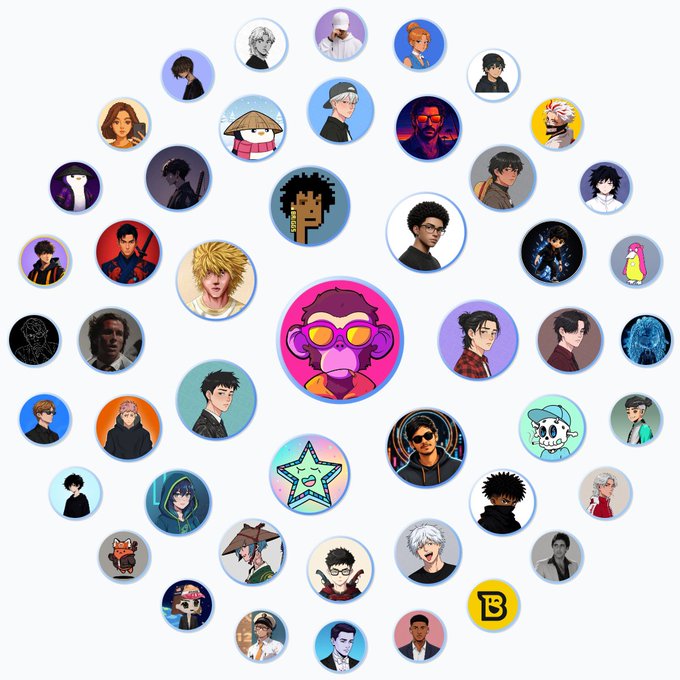 A circular arrangement of various NFT profile pictures (PFPs) surrounds a central pink cartoon monkey character.