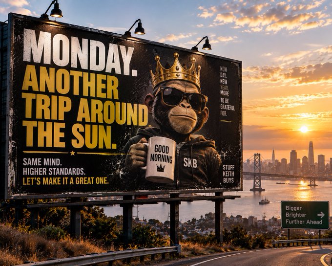 A billboard displays a crowned monkey in sunglasses holding a 'GOOD MORNING' mug with the text 'MONDAY. ANOTHER TRIP AROUND THE SUN.' alongside motivational phrases, set against a sunset over a bay and bridge.