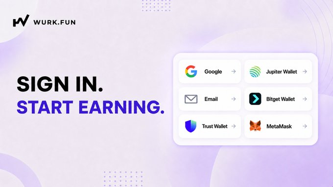 Login page for WURK.FUN with the headline 'SIGN IN. START EARNING.' displaying sign-in options including Google, Jupiter Wallet, Email, Bitget Wallet, Trust Wallet, and MetaMask.