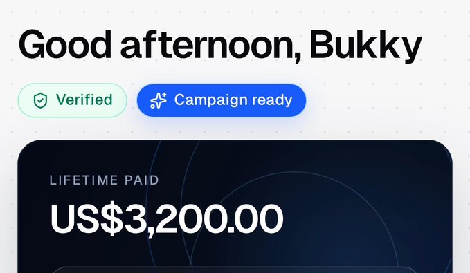 A screenshot of a dashboard interface saying 'Good afternoon, Bukky' with 'Verified' and 'Campaign ready' badges, showing 'LIFETIME PAID US$3,200.00' on a dark blue card.