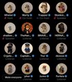 A collection of round pins or buttons featuring illustrated portraits of various characters on a dark background.