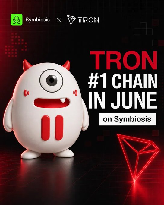 A white cyclops monster mascot stands next to bold red and white text reading "TRON #1 CHAIN IN JUNE on Symbiosis," with the Symbiosis and TRON logos at the top and a glowing red TRON diamond symbol on the right. The image visually celebrates TRON's leading performance on the Symbiosis platform in June, aligning with the post's announcement about TRON topping volume and transaction counts.