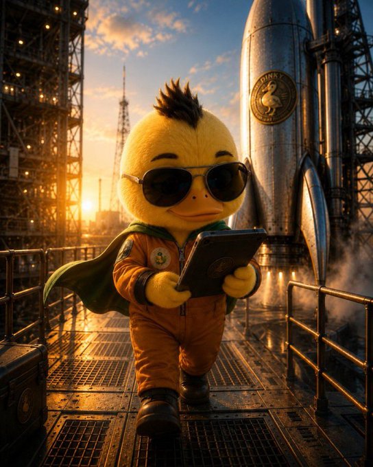 A digital illustration of a yellow duck character wearing an orange astronaut suit and sunglasses, holding a tablet, with a green cape, standing in front of a rocket at sunset.