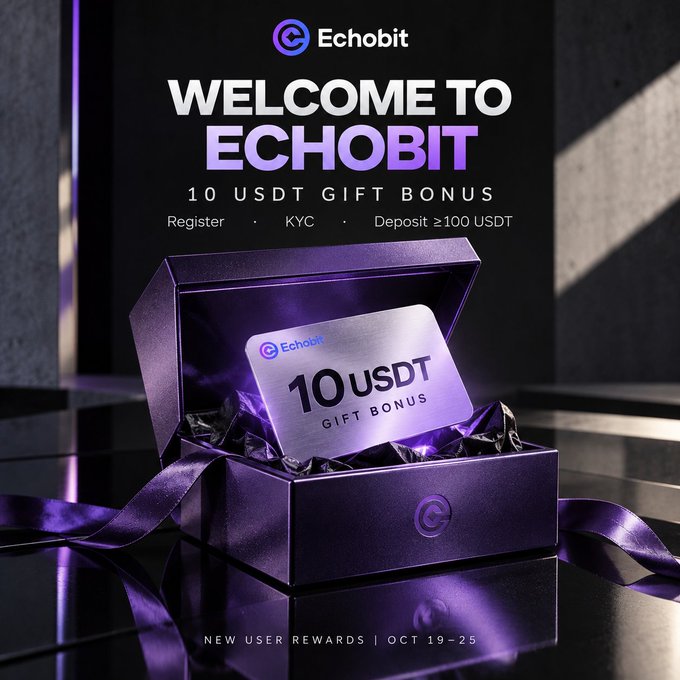A promotional banner for Echobit offering a "WELCOME TO ECHOBIT 10 USDT GIFT BONUS" for new users who register, complete KYC, and deposit at least 100 USDT, valid from October 19-25, featuring a purple gift box.