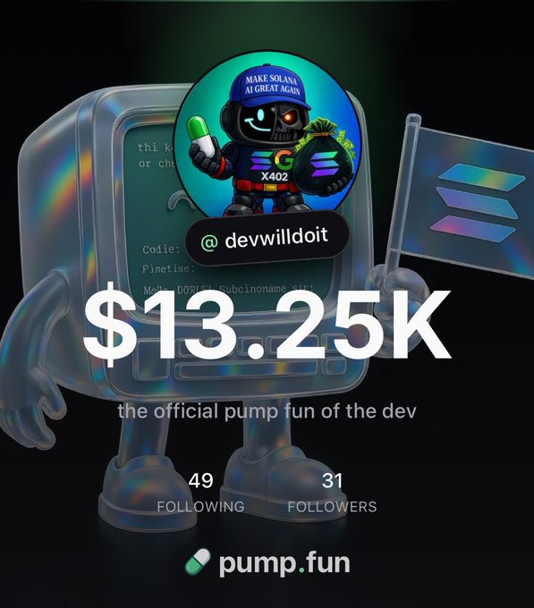 A Pump.fun promotional graphic showing '$13.25K' with a character wearing a 'MAKE SOLANA AI GREAT AGAIN' cap, labeled '@dewwilldoit - the official pump fun of the dev' with '49 FOLLOWING' and '31 FOLLOWERS'.