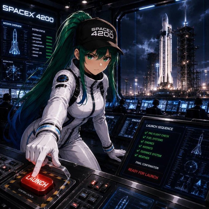 The image features a woman wearing full astronaut gear, standing next to a control panel at an airport. She appears ready for takeoff as she points towards a red button in her hand. A space shuttle launch button is also visible on the screen behind her. In addition to this, there are two other people present in the scene with one located above and to the left of the woman while another person can be seen further down. The background shows a glimpse of airplanes outside at night under a starry sky.