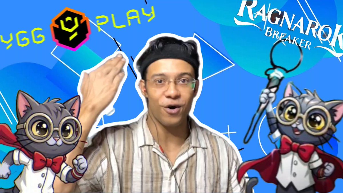 The image features a man wearing glasses and a striped shirt holding a microphone with a cat character on his shoulder. The background of the image has blue and yellow colors, and there are two cartoon cats on the right side of the photo. The caption reads "@RagnarokBreaker is live on YGG Play Launchpad and I had to jump in immediately here is what you'r working with → Solo progression mode: stage based grind, currently pushing Stage 13 → Valhalla mode: endless survival challenge, no finish line → League: time limited".