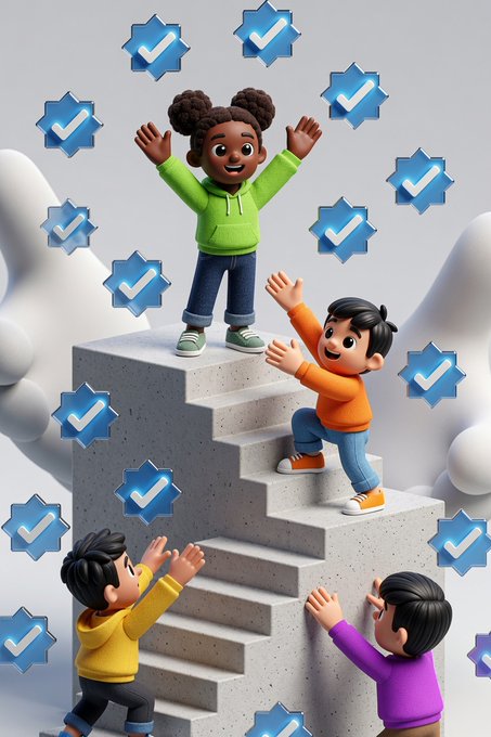 A 3D animated illustration of four children climbing a set of stairs, surrounded by floating blue checkmark icons, symbolizing achievement and progress.