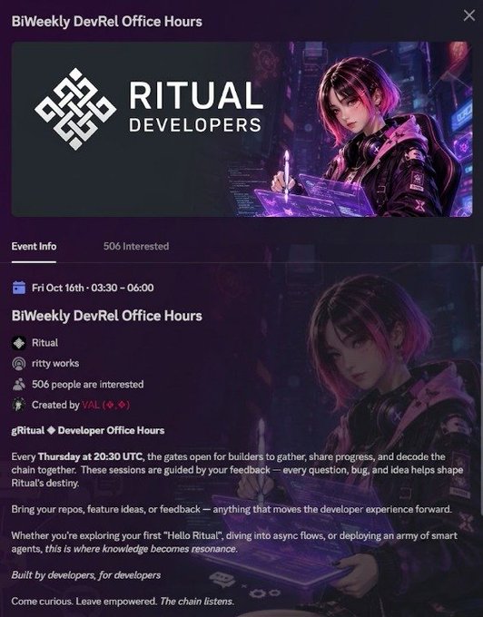 Event listing for "BiWeekly DevRel Office Hours" by Ritual Developers on Oct 16th from 03:30-06:00, featuring an anime-style character illustration and details about the developer office hours.