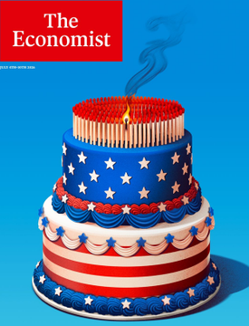 The Economist magazine cover featuring an illustration of a tiered cake decorated with American flag motifs (stars and stripes) and matches on top resembling a birthday cake.