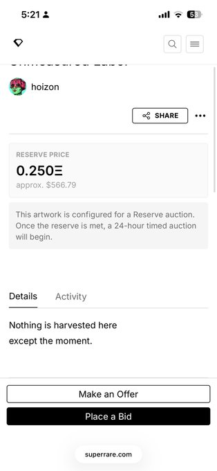 A mobile screenshot from SuperRare showing an NFT artwork titled 'Nothing is harvested here except the moment' by hoizon, with a reserve price of 0.250 ETH (approx. $566.79).