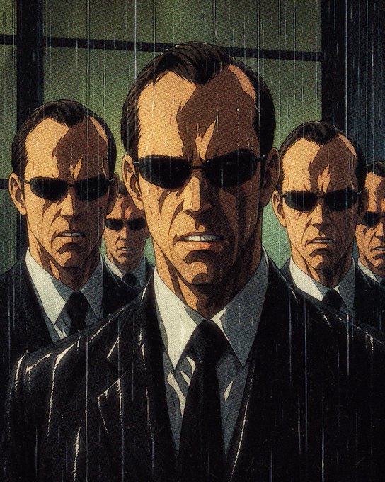 A group of identical men in black suits and sunglasses stand sternly in the rain, resembling the iconic Agents from "The Matrix," tying into the post's question about being a Matrix fan.