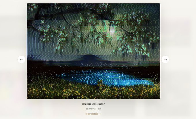 A digital artwork displayed in a gallery format, credited to 'dream_emulator' titled 'ex mortal - girl' with a 'view details' link, depicting a textured, abstract landscape with foliage and a moon-like light source.