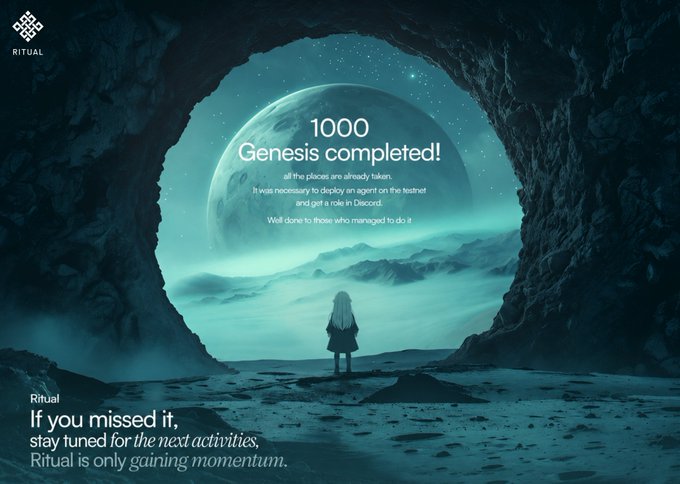 A lone figure stands in a moonlit cave gazing at a large planet, with overlaid text reading "1000 Genesis completed!" and "If you missed it, stay tuned for the next activities. Ritual is only gaining momentum," celebrating the Ritual network's sold-out 1,000 Genesis NFT role drop.
