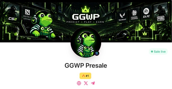 The image is a promotional banner for the "GGWP Presale," featuring a green cartoon frog mascot wearing headphones and a striped shirt, set against an esports arena backdrop with logos for CS2, Dota 2, Valorant, League of Legends, EA FC, and PUBG. The "GGWP" logo is prominently displayed with the tagline "PREDICT • PLAY • EARN," and a "#1" indicator appears alongside a "Sale live" badge, reinforcing the urgency of the post's message about the final hour to enter the presale for this Solana-based esports and sports prediction platform.