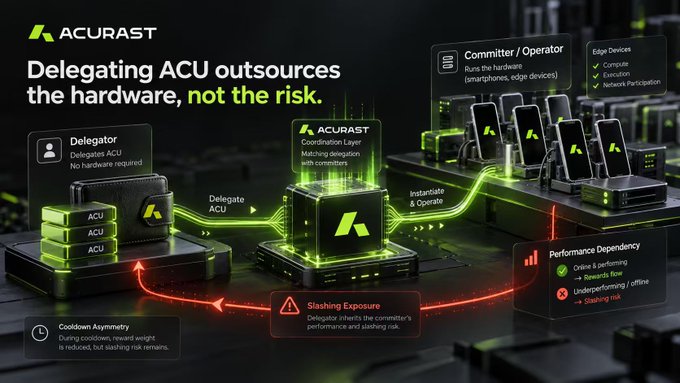Acurast promotional graphic with the headline 'Delegating ACU outsources the hardware, not the risk,' illustrating the flow between Delegator, Acurast Coordination Layer, and Committer/Operator with notes on slashing exposure and performance dependency.