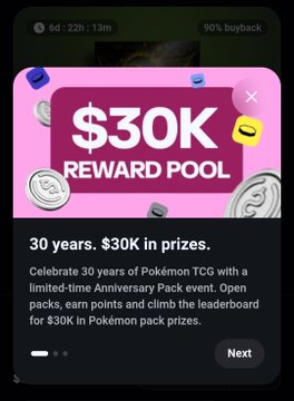 A mobile app screen promoting a '$30K REWARD POOL' for a Pokémon TCG 30-year anniversary event, inviting users to open packs and climb the leaderboard for prizes.