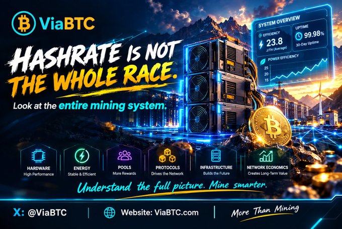 A ViaBTC promotional banner stating "HASHRATE IS NOT THE WHOLE RACE" urges miners to consider the entire mining system—hardware, energy, pools, protocols, infrastructure, and network economics—highlighting a dashboard showing 23.8 J/TH efficiency and 99.98% uptime, with contact info @ViaBTC and ViaBTC.com. The image reinforces the post's message that successful crypto mining depends on multiple factors beyond raw hashrate.