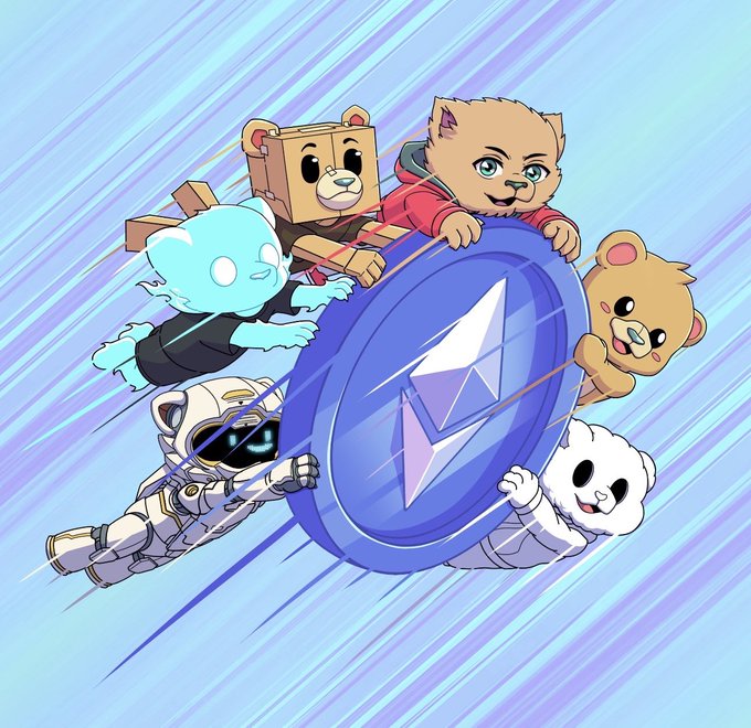 Cartoon characters including teddy bears, a ghost, and an astronaut fly through a light blue sky while holding a large blue Ethereum (ETH) coin.