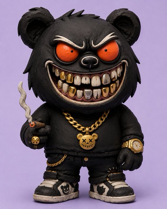 A designer art toy of a black bear with a menacing grin, red eyes, and gold teeth accessories, wearing a gold chain with a teddy bear pendant and a gold watch, while holding a lit cigar.