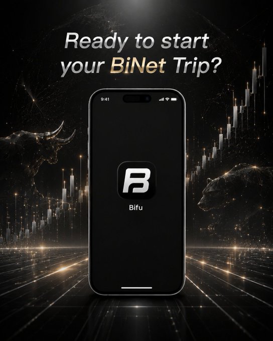 A promotional graphic asking 'Ready to start your BiNet Trip?' featuring a smartphone displaying the 'Bifu' app logo, set against a dark background with bull and bear market imagery and a stock chart.