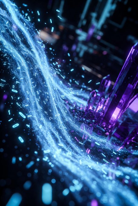 The image features a close-up of a purple crystal, surrounded by blue particles that appear to be floating or falling from the sky. The crystals have a unique shape with multiple sides, giving them an abstract appearance. The background is dark, which contrasts with the vibrant colors of the crystal and particles. The image also contains text that reads "My Neighbor Alice campaign has wrapped with rewards processing, while Nomisma continues strong with new incentives for Nomisen IDs @XOOBNetwork ’s focus on measured user activity over vanity metrics is paying off top creators are earning real USDC through verified CPA."