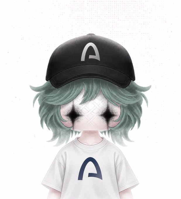 An anime-style illustration of a character with green hair wearing a black cap and white t-shirt, both featuring the Arc 'A' logo.