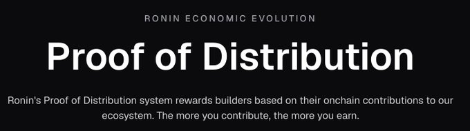 A banner reading "RONIN ECONOMIC EVOLUTION – Proof of Distribution" with the tagline explaining that Ronin's PoD system rewards builders based on their onchain contributions to the ecosystem. The image introduces the first step of the Indie Developer Starter Guide, which begins with understanding Proof of Distribution before onboarding and unlocking growth support.