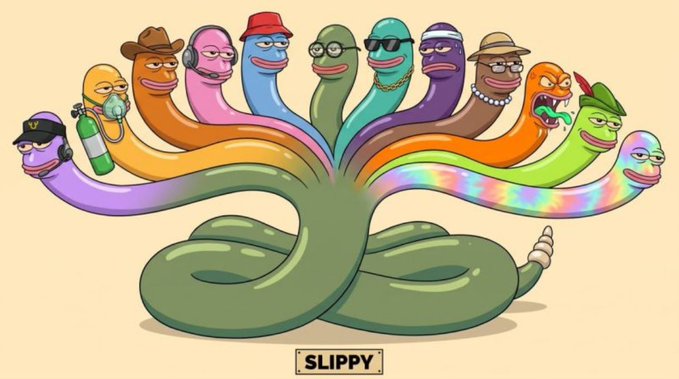 A colorful cartoon illustration of a multi-headed snake-like creature with various character heads including a scuba diver, cowboy, and others, with 'SLIPPY' text at the bottom.